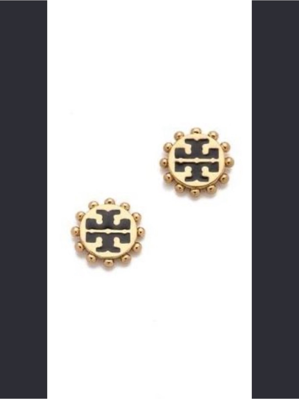 Tory Burch Gold and Black Logo Beaded Disc Stud Earrings